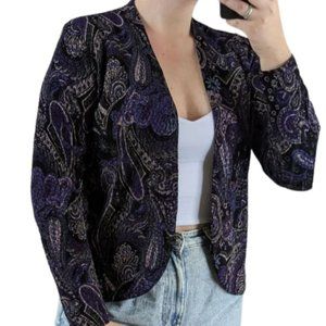 Chico's Paisley Print Open Front Jacket Black Purple Green Chicos sz 1 (M)